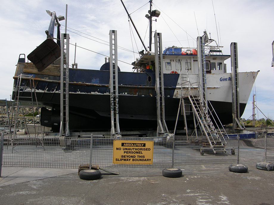 Vessel at Ulladulla slipway. Vessel bottom water blasted, then pained with prima and antifoul paint. 