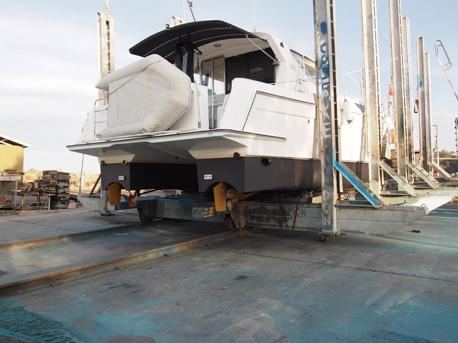 Stern view power cat at Ulladulla Slipway completed ready for launch