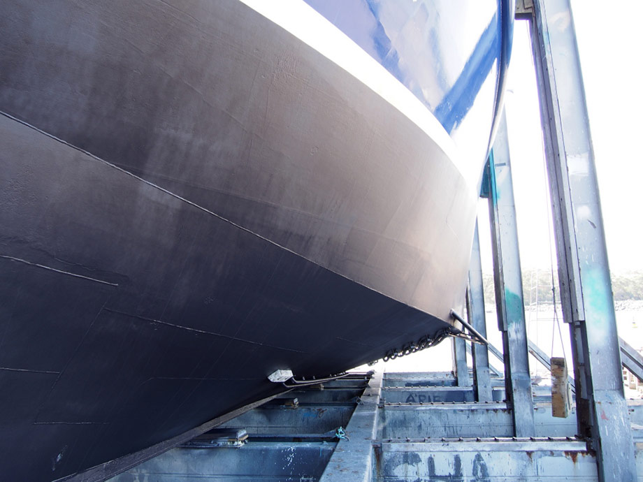 Close up view of vessel bottom after antifoul was sprayed on.